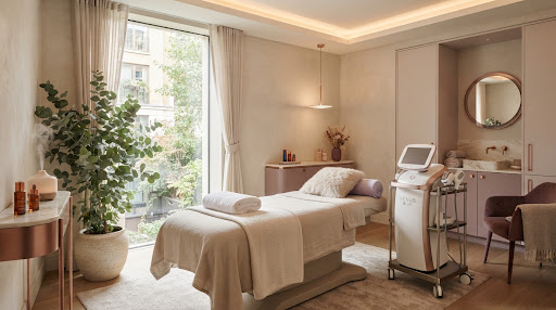 Cabina de tratamiento estético de lujo con aparatología moderna y ambiente relajante